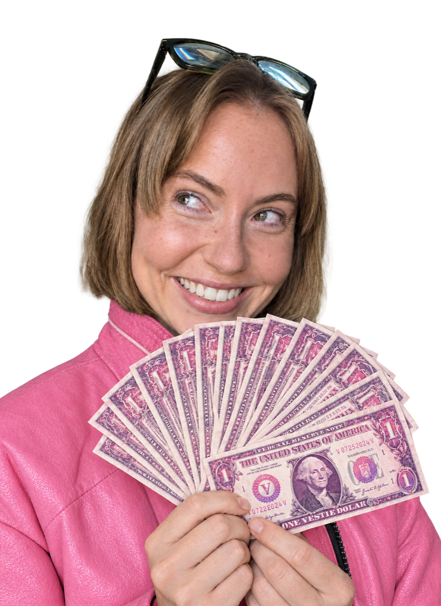 Dana holding a fan of Vestie dollars